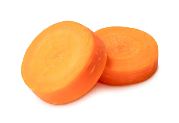 Två Färska Vackra Orange Morotsskivor Isolerade Vit Bakgrund Häxa Klippning — Stockfoto