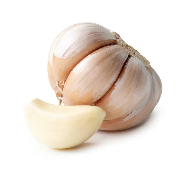 Single Fresh White Garlic Bulb Peeled Clove Isolated White Background — Stock Photo, Image