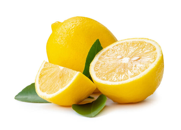 Single whole fresh beautiful yellow lemons with half slice and leaves is isolated on white background with clipping path.