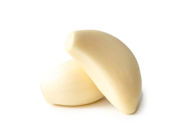 Two Fresh Peeled Garlic Cloves Isolated White Background Clipping Path — Stock Photo, Image