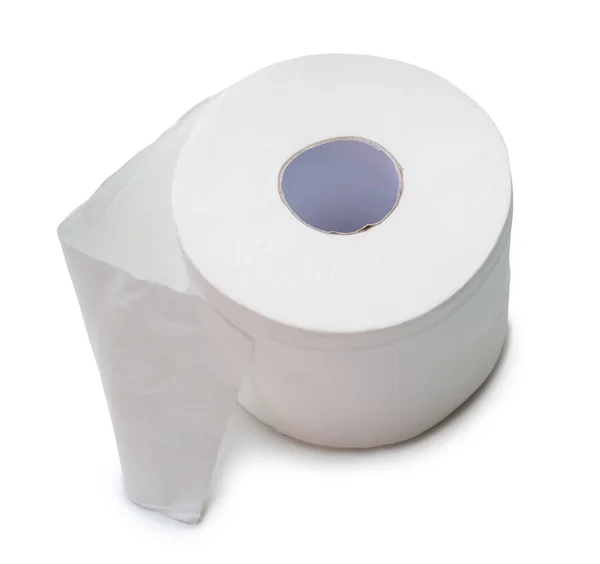 トイレやトイレで使用するために用意された白いティッシュペーパーまたはナプキンの単一のロールのトップビューは クリッピングパスで白い背景に隔離されます — ストック写真