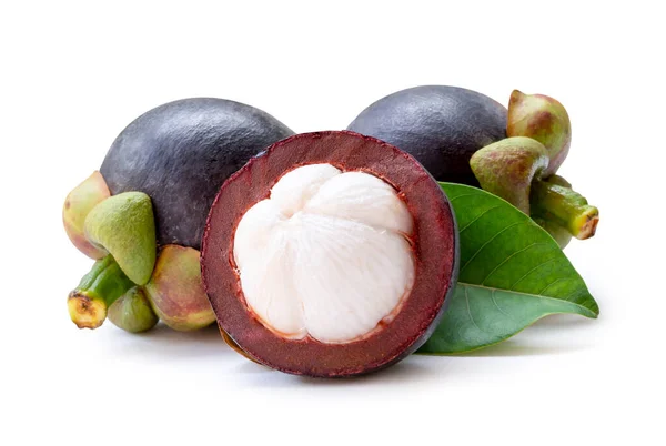 Delicious Fresh Mangosteens Stack Half Leaf Isolated White Background Clipping — Stock Photo, Image