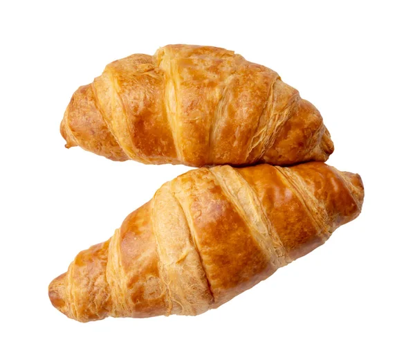 Ovanifrån Två Bit Croissant Stack Isolerade Vit Bakgrund Med Klippbana — Stockfoto