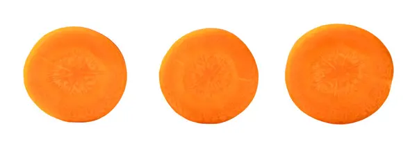 Ovanifrån Tre Separerade Färska Orange Morotsskivor Isolerad Vit Bakgrund Med — Stockfoto