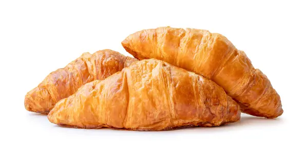 Tre Pezzi Croissant Pila Sono Isolati Sfondo Bianco Con Percorso — Foto Stock