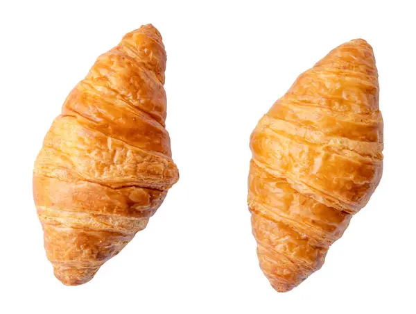Ovanifrån Två Separerade Färska Croissanter Isolerad Vit Bakgrund Med Klippbana — Stockfoto