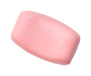 Banyo yapmak için güzel pembe sabunun üst görüntüsü kesme yolu olan beyaz arka planda izole edilmiştir. Fotoğrafı kapat.