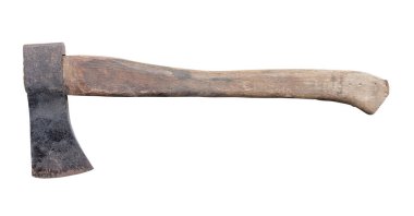 Old rust dirty dark gray axe with brown wooden handle is isolated on white background with clipping path.