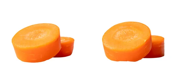 Vue Face Deux Paires Belles Tranches Carotte Orange Séparées Est — Photo