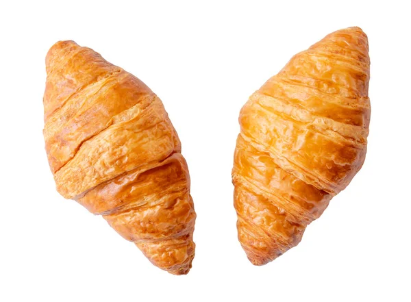 Top View Two Separated Fresh Croissants Isolated White Background Clipping — Stock Photo, Image