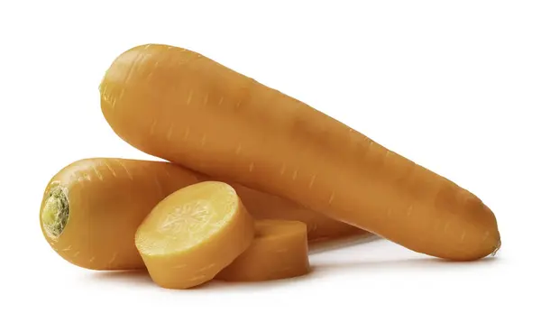 Två Färska Orange Morötter Med Skivor Stack Isolerade Vit Bakgrund — Stockfoto