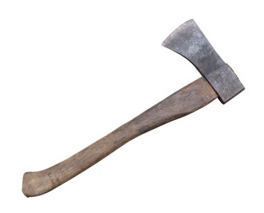 Kahverengi ahşap saplı eski paslı gri balta beyaz arka planda kırpma yolu ile izole edilir..