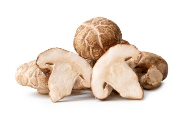 Yığındaki taze ve kuru shiitake mantarları kırpma yolu ile beyaz arka planda izole edilir. Japon ve Çin bitkileri