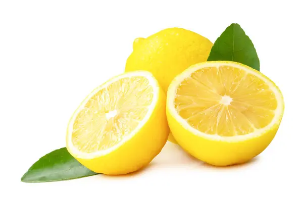 stock image Whole fresh yellow lemon with halves and leaves in stack is isolated on white background with clipping path.