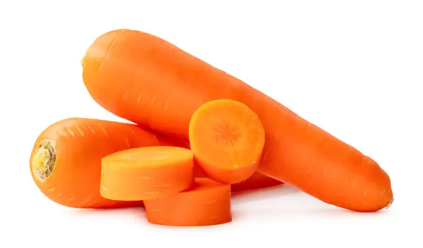 Deux Carottes Fraîches Orange Avec Des Tranches Pile Sont Isolées Photos De Stock Libres De Droits