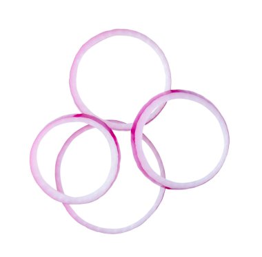 Yığındaki kırmızı soğan dilimleri kırpma yolu ile beyaz arkaplanda izole edilir.