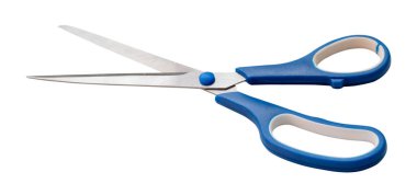 Multipurpose scissors with blue handle is isolated on white background with clipping path.