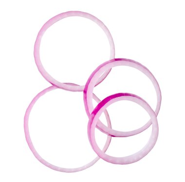 Taze kırmızı ya da mor soğan halkalarının üst görünümü kırpma yolu ile beyaz zemin üzerinde izole edilir.