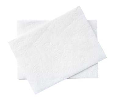 Katlanmış iki parça beyaz kağıt ya da peçetenin üst görünümü kırpma yolu ile beyaz arkaplanda izole edilir