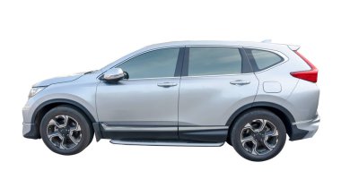 Bronz veya beyaz SUV aracın yan görünümü kırpma yolu ile beyaz arkaplanda izole edilir.