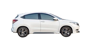 Lüks beyaz hatchback spor arabanın yan görünüşü kırpma yolu ile beyaz arka planda izole edilmiştir..