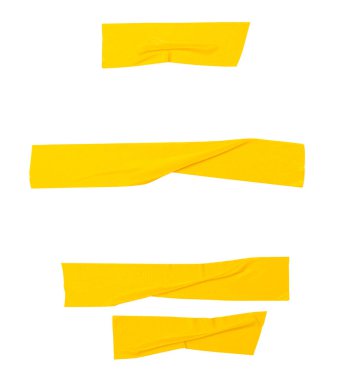 Kırışık sarı yapıştırıcı bant veya şerit şeklinde kumaş bantlardan oluşan üst görünüm kümesi kırpma yolu ile beyaz arkaplanda izole edilmiştir..