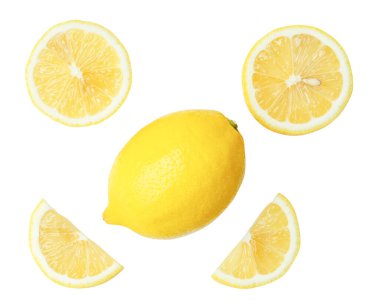 Yarım dilimli taze sarı limon meyvesi seti beyaz arka planda kırpma yolu ile izole edilmiştir..