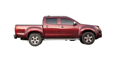 Kırmızı kamyonetin yan görüntüsü kırpma yolu ile beyaz arkaplanda izole edilmiştir.