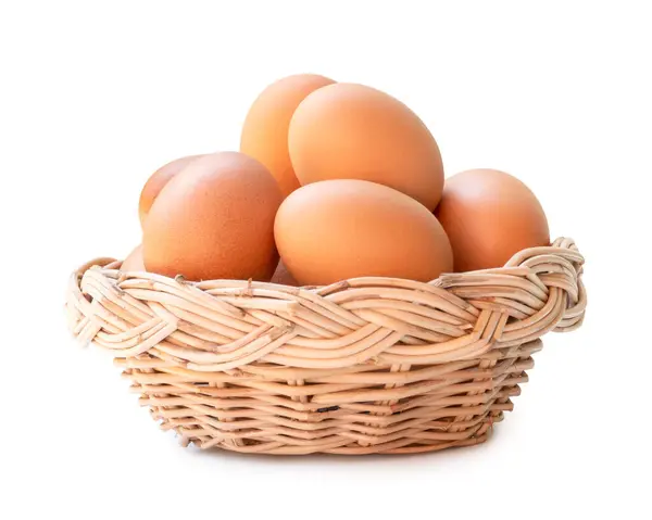 Front View Brown Chicken Eggs Stack Wicker Basket Isolated White — ストック写真
