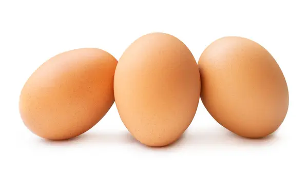 Front View Three Fresh Brown Chicken Eggs Stack Isolated White — Stock Photo, Image