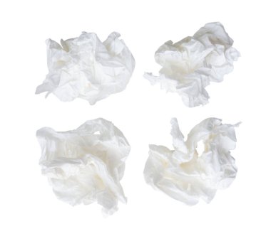 Tuvalette ya da tuvalette kullanıldıktan sonra beyaz vidalanmış ya da buruşmuş kağıt top seti kesme yolu ile beyaz arka planda izole edilir..