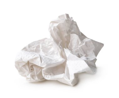 Tuvalette ya da tuvalette kullanıldıktan sonra beyaz vidalanmış ya da buruşmuş kağıt topun ön görüntüsü kırpma yolu ile beyaz arka planda izole edilir..