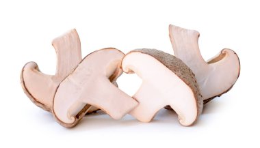 Yığınlar halinde Shiitake mantarının ön görünümü kırpma yolu ile beyaz arkaplanda izole edilmiştir.