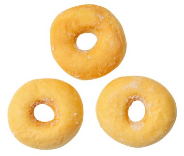 Üst görünüm şeker kaplı kahverengi tarçınlı çörekler beyaz arkaplanda kırpma yolu ile izole edilir.