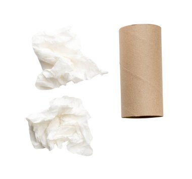 Üst görünüm kağıt top ve çekirdek saçılma beyaz arka planda kırpma yolu ile izole edilir.