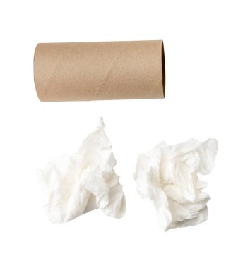 Üst görünüm kağıt top ve çekirdek saçılma beyaz arka planda kırpma yolu ile izole edilir.