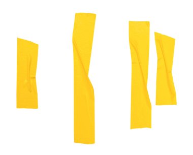 Kırışık sarı yapıştırıcı bant veya şerit şeklinde kumaş bantlardan oluşan üst görünüm kümesi kırpma yolu ile beyaz arkaplanda izole edilmiştir..