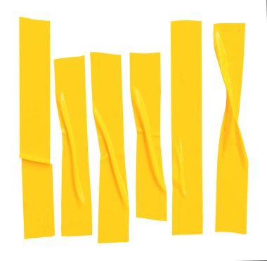 Üst görünüm sarı yapıştırıcı bant veya çizgili kumaş bandı beyaz arka planda kırpma yolu ile izole edilir.