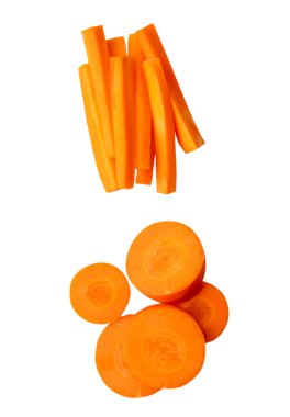 Üst görünüm turuncu havuç kümesi daire içinde ve çubuk şekli yığın beyaz arka planda kırpma yolu ile izole edilir.