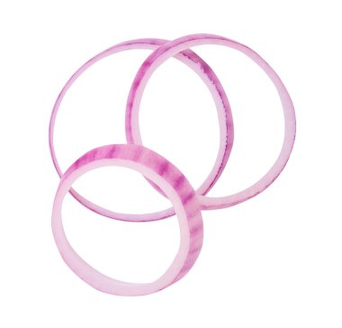 Taze kırmızı ya da mor soğan halkalarının ya da dilimlerinin üst görünümü kırpma yolu ile beyaz zemin üzerinde izole edilir..