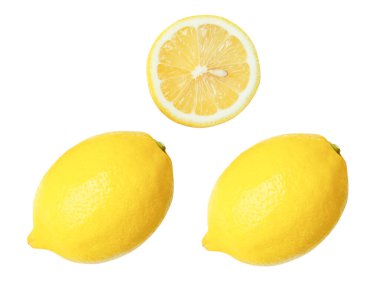 Üst görünüm sarı limon meyveleri kesme yolu ile beyaz arka planda izole edilir.