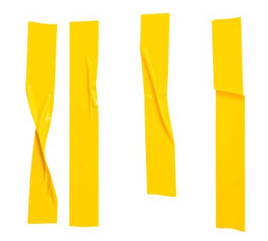 Kırışık ya da buruşuk sarı yapışkan bant ya da şerit şeklinde kumaş bant kümesi beyaz arka planda kırpma yolu ile izole edilir..