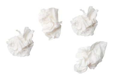 Üst görünüm kümesi vida veya buruşmuş beyaz doku kağıt topları kullandıktan sonra kırpma yolu ile beyaz arkaplanda izole edilir.