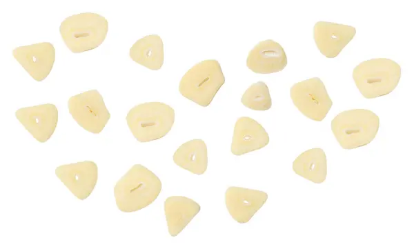 stock image Top view set of fresh peeled white garlic slices or pieces scattering is isolated on white background with clipping path.