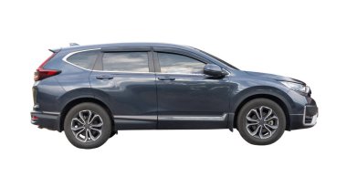 Koyu mavi hatchback arabasının yan görüntüsü kırpma yolu ile beyaz arkaplanda izole edilmiştir.