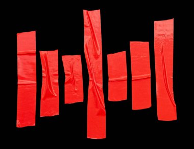 Top view set of wrinkled or crumpled red cloth tape or adhesive vinyl tape in stripes shape is isolated on black background with clipping path. clipart