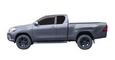 Taksisi olan koyu gri kamyonetin yan görüntüsü kırpma yolu ile beyaz arkaplanda izole edilmiştir..