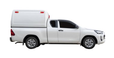 Side view of white delivery pickup truck with cab is isolated on white background with clipping path. clipart