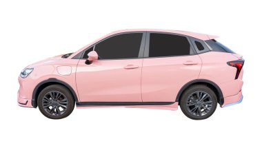 Pembe mini veya küçük elektrikli hatchback arabaların yan görünümü kırpma yolu ile beyaz arka planda izole edilir.