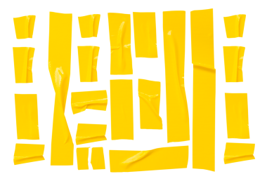 Kırışık veya buruşuk sarı yapıştırıcı bant veya şerit şeklinde kumaş bantların üst görünümü png dosya biçiminde kırpma yolu ile izole edilir.